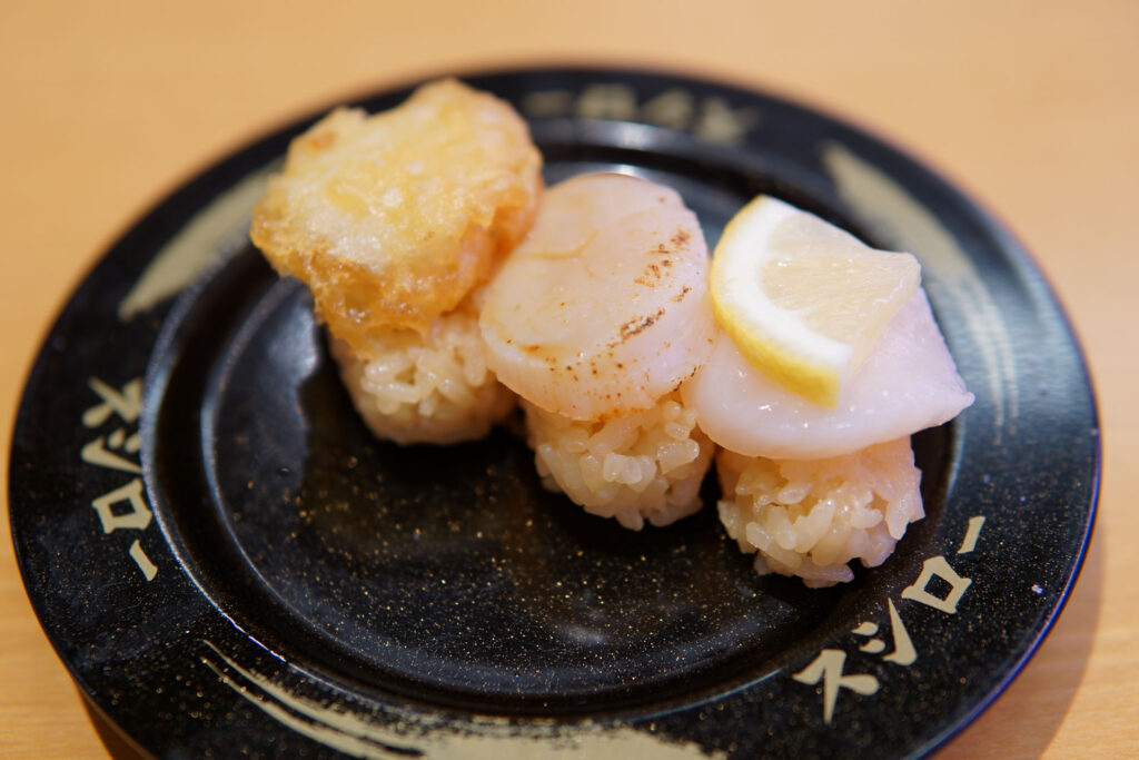 ほたて食べ比べ（焦がし醤油・生レモン・天ぷら）