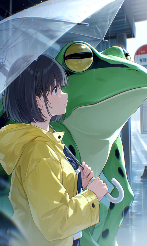 The Girl and the Giant Frog — Taking Shelter from the Rain
