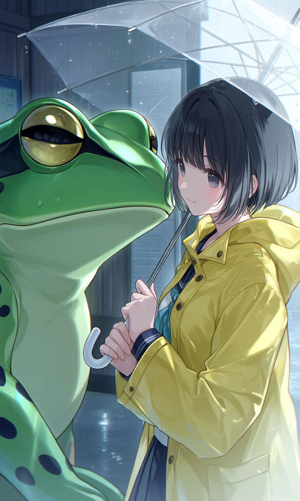 The Girl and the Giant Frog — Taking Shelter from the Rain