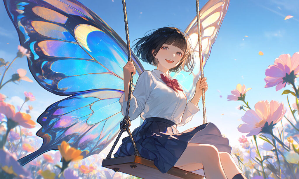 The Girl and the Giant Butterfly — A Swing in the Flower Field