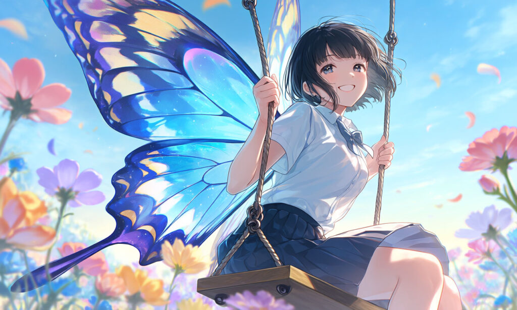 The Girl and the Giant Butterfly — A Swing in the Flower Field