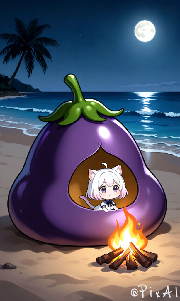 Mio on a Deserted Island at Night