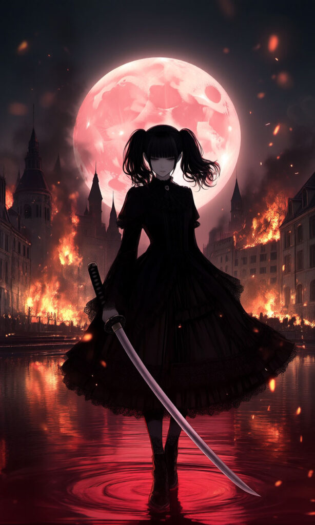 Red Moon – A Girl Amid a City Burning to Ashes