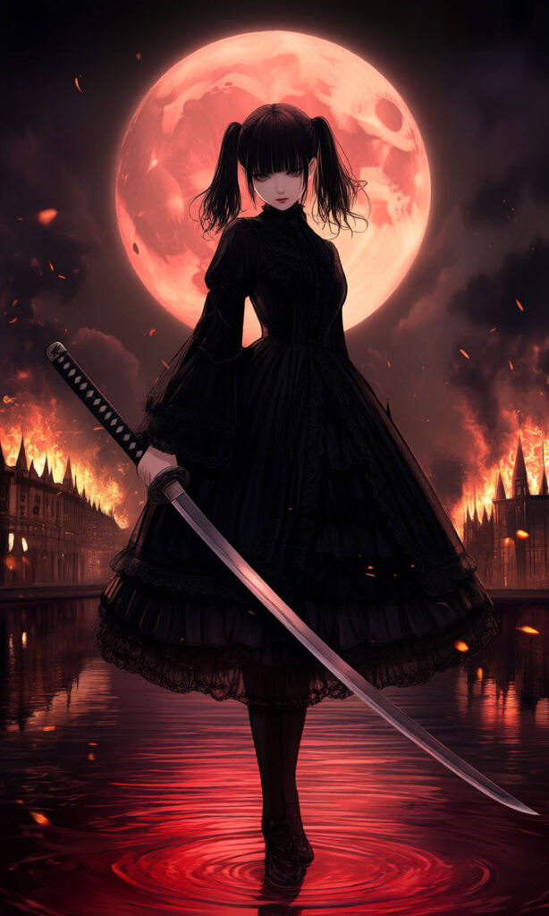 Red Moon – A Girl Amid a City Burning to Ashes